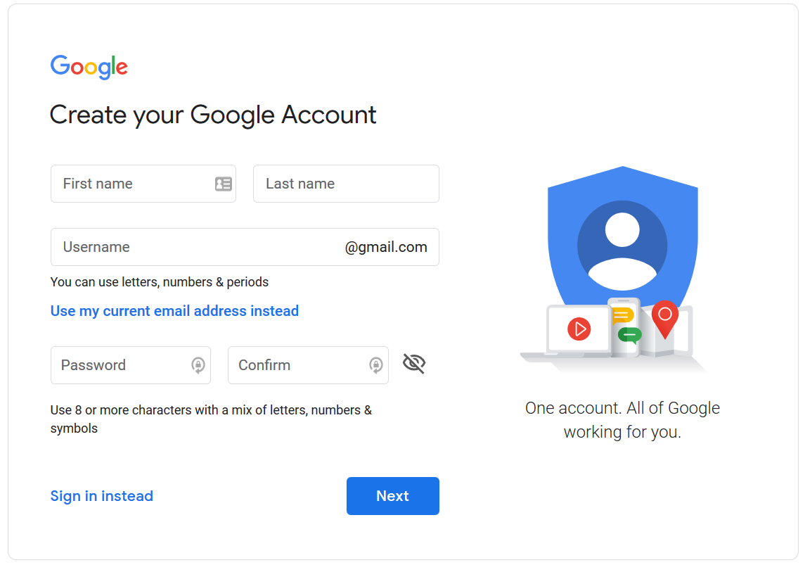 Create Google Account Page